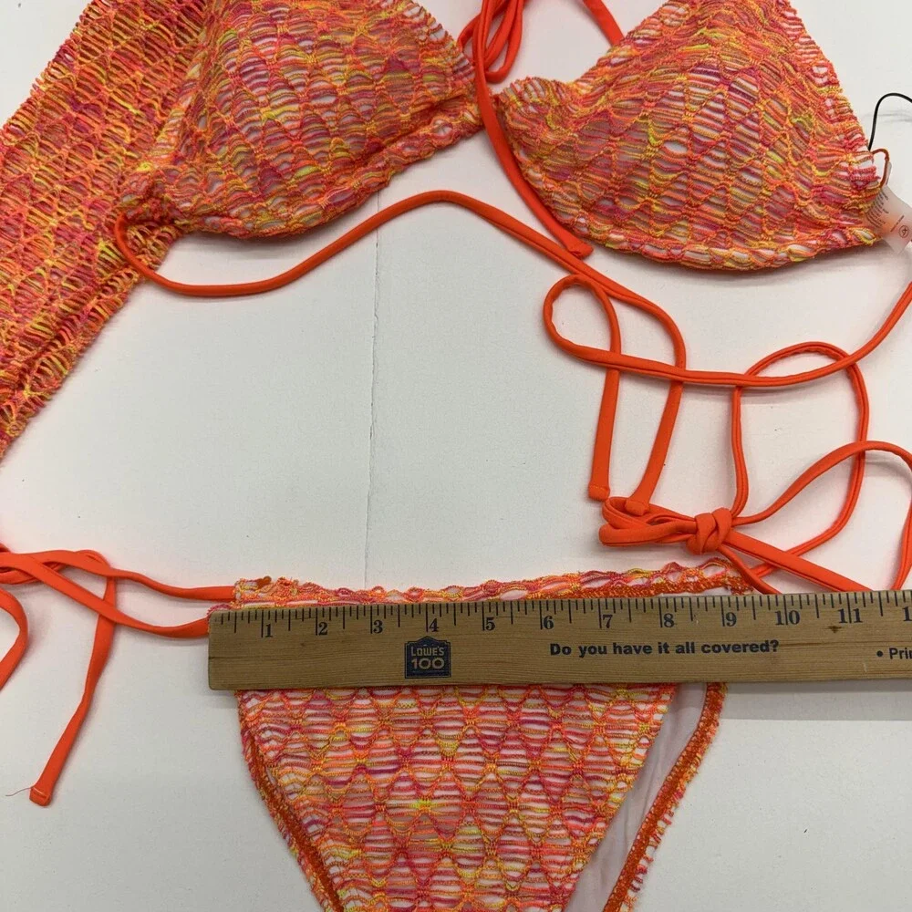 Fashion Nova Bikini Swimsuit Set Womens XL Orange Crochet 3 Piece Lined Stretch